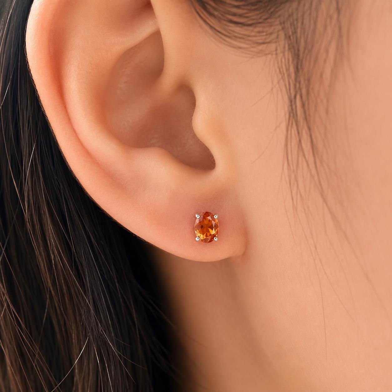 14K Solid Gold Genuine Orange Sapphire Oval Studs/Pair
