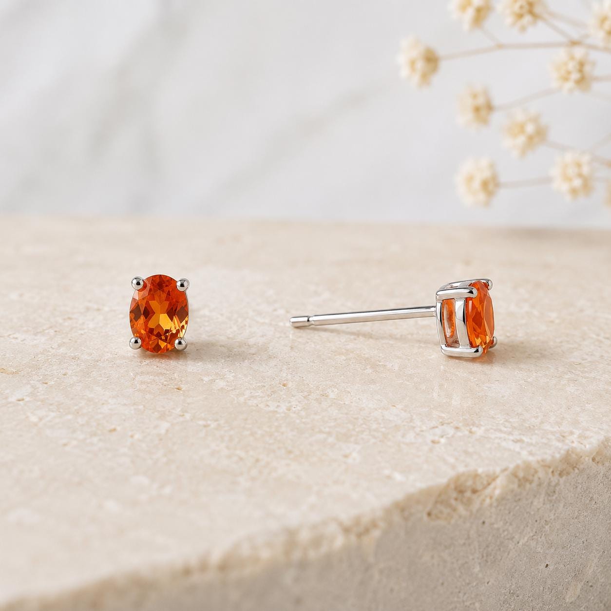 14K Solid Gold Genuine Orange Sapphire Oval Studs/Pair