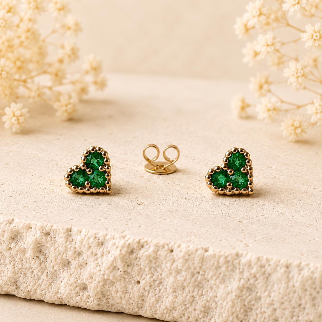 Emerald Heart Earrings, 14K Yellow Gold Natural Emerald Studs, Three Stone Heart Studs, May Birthstone Gift for Her
