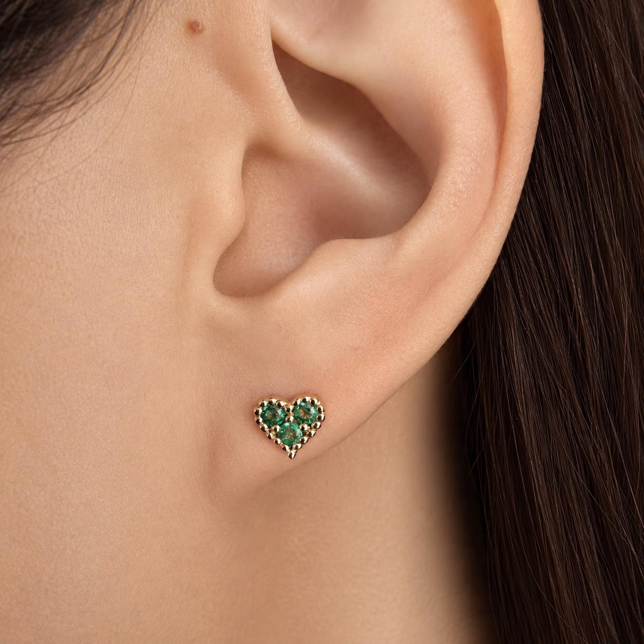 Emerald Heart Earrings, 14K Yellow Gold Natural Emerald Studs, Three Stone Heart Studs, May Birthstone Gift for Her