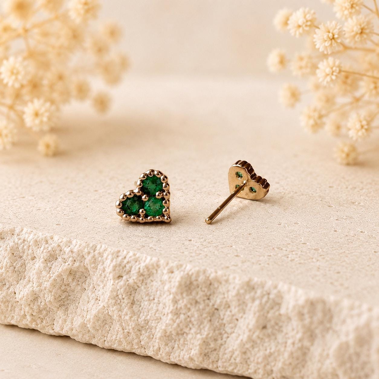 Emerald Heart Earrings, 14K Yellow Gold Natural Emerald Studs, Three Stone Heart Studs, May Birthstone Gift for Her