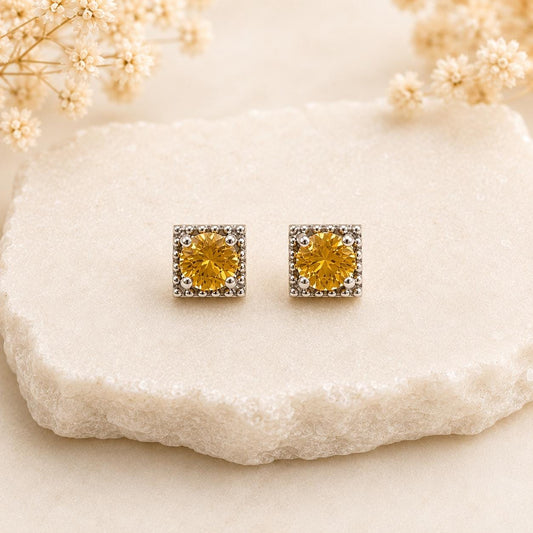 18K Solid Gold Yellow Sapphire Stud Earrings | Genuine Sapphire Earrings | September Birthstone | 4mm Square Studs | Fine Jewelry Gift