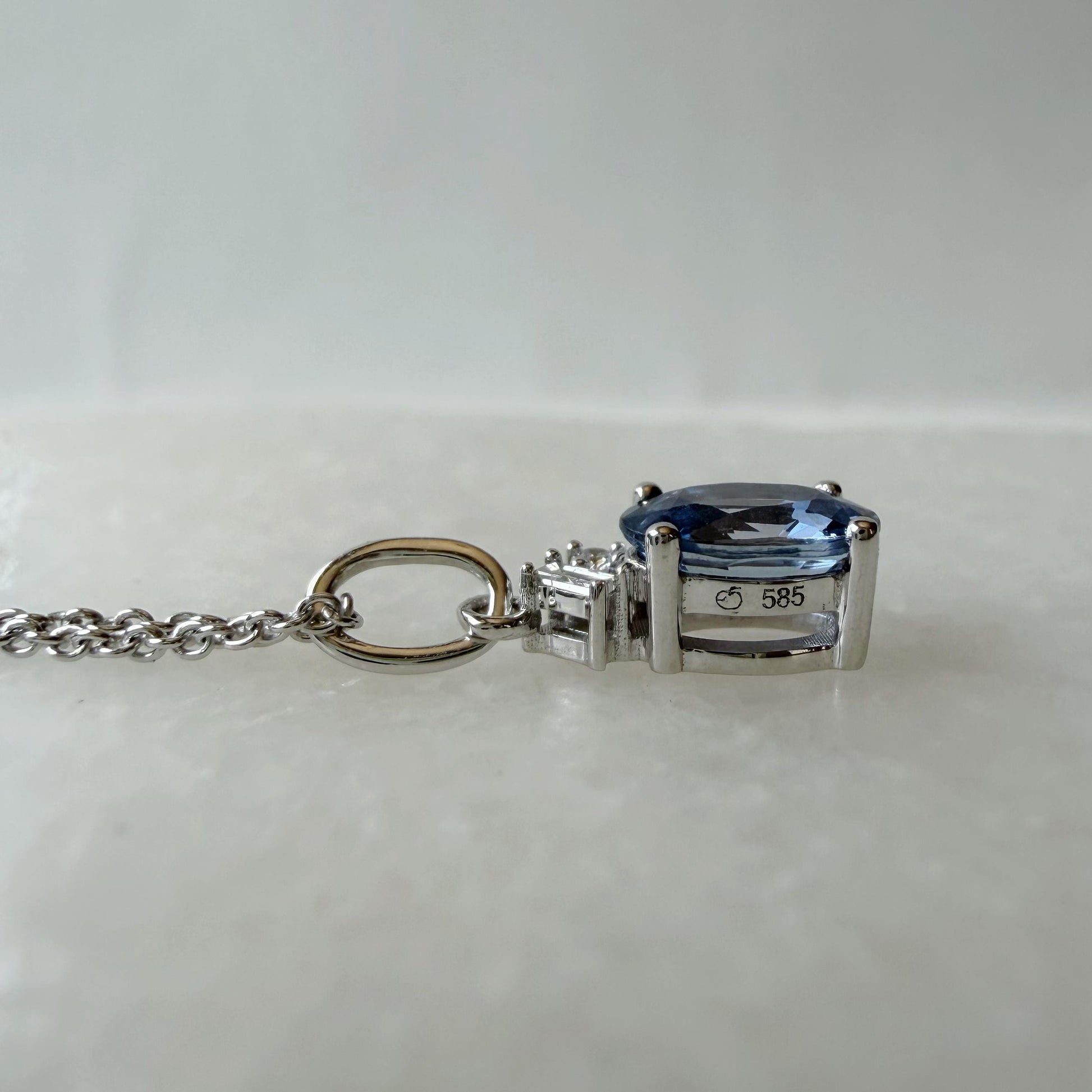 14K Solid White Gold Genuine Ceylon Sapphire Necklace | Oval Sapphire Diamond Pendant | September Birthstone Jewelry