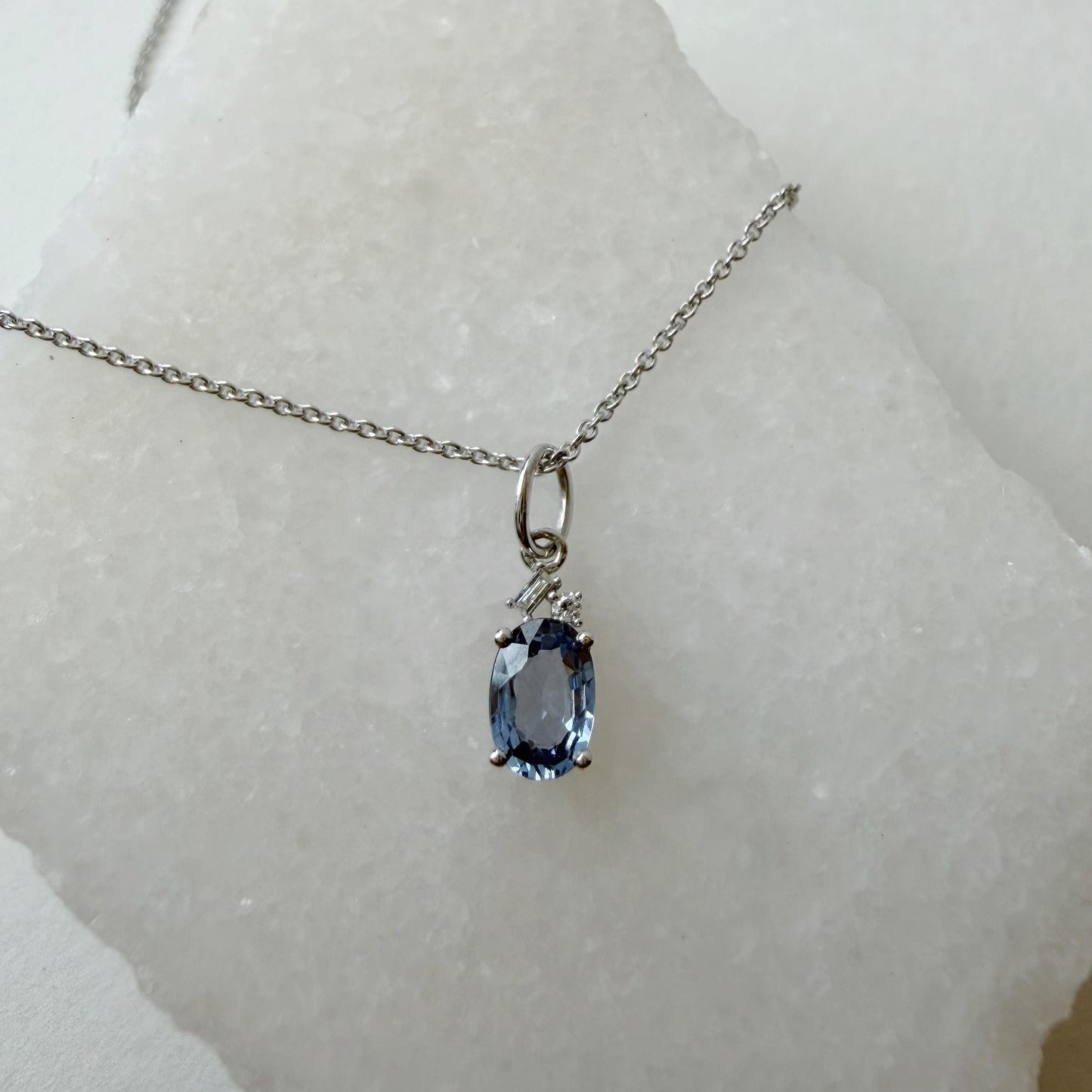 14K Solid White Gold Genuine Ceylon Sapphire Necklace | Oval Sapphire Diamond Pendant | September Birthstone Jewelry