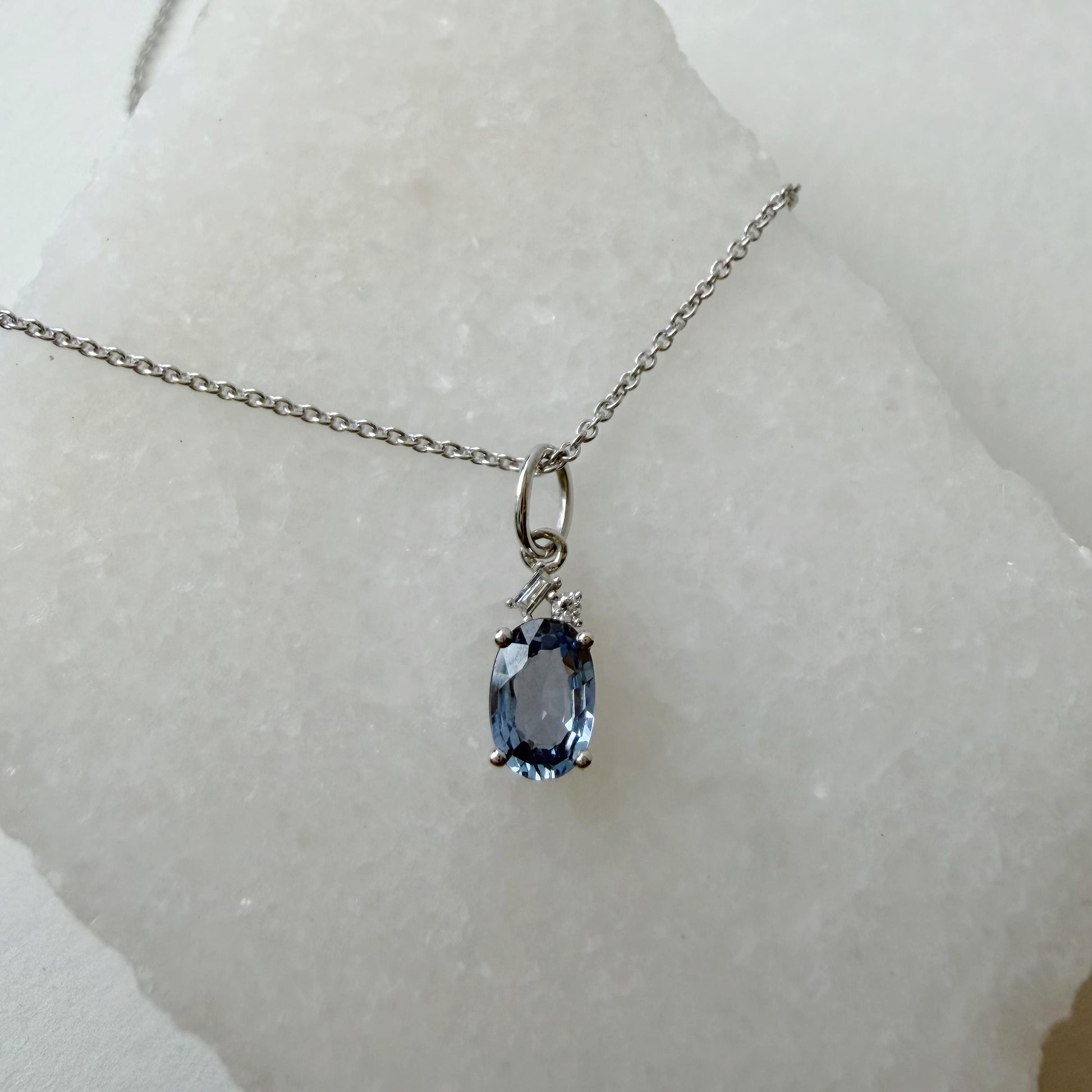 14K Solid White Gold Genuine Ceylon Sapphire Necklace | Oval Sapphire Diamond Pendant | September Birthstone Jewelry
