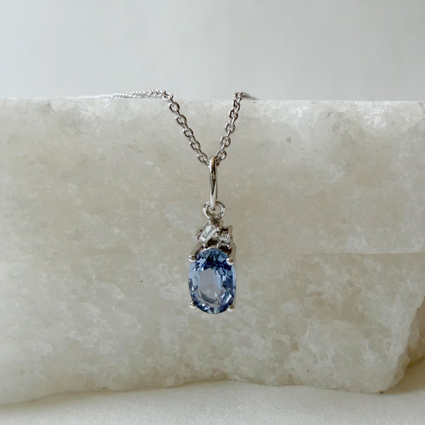 14K Solid White Gold Genuine Ceylon Sapphire Necklace | Oval Sapphire Diamond Pendant | September Birthstone Jewelry