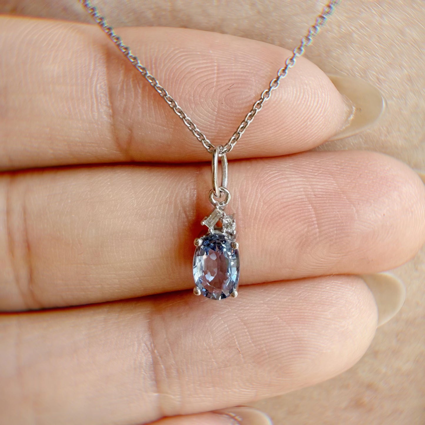 14K Solid White Gold Genuine Ceylon Sapphire Necklace | Oval Sapphire Diamond Pendant | September Birthstone Jewelry
