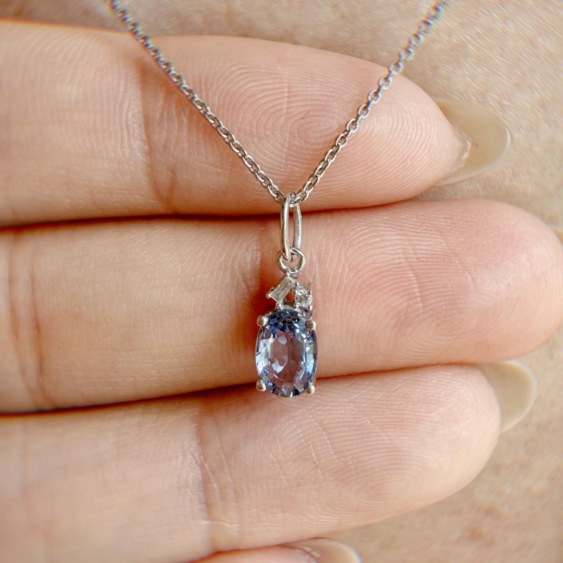 14K Solid White Gold Genuine Ceylon Sapphire Necklace | Oval Sapphire Diamond Pendant | September Birthstone Jewelry