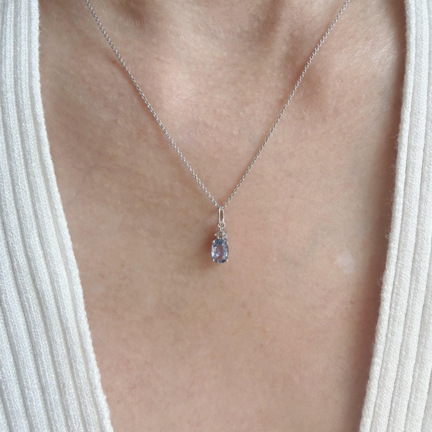 14K Solid White Gold Genuine Ceylon Sapphire Necklace | Oval Sapphire Diamond Pendant | September Birthstone Jewelry