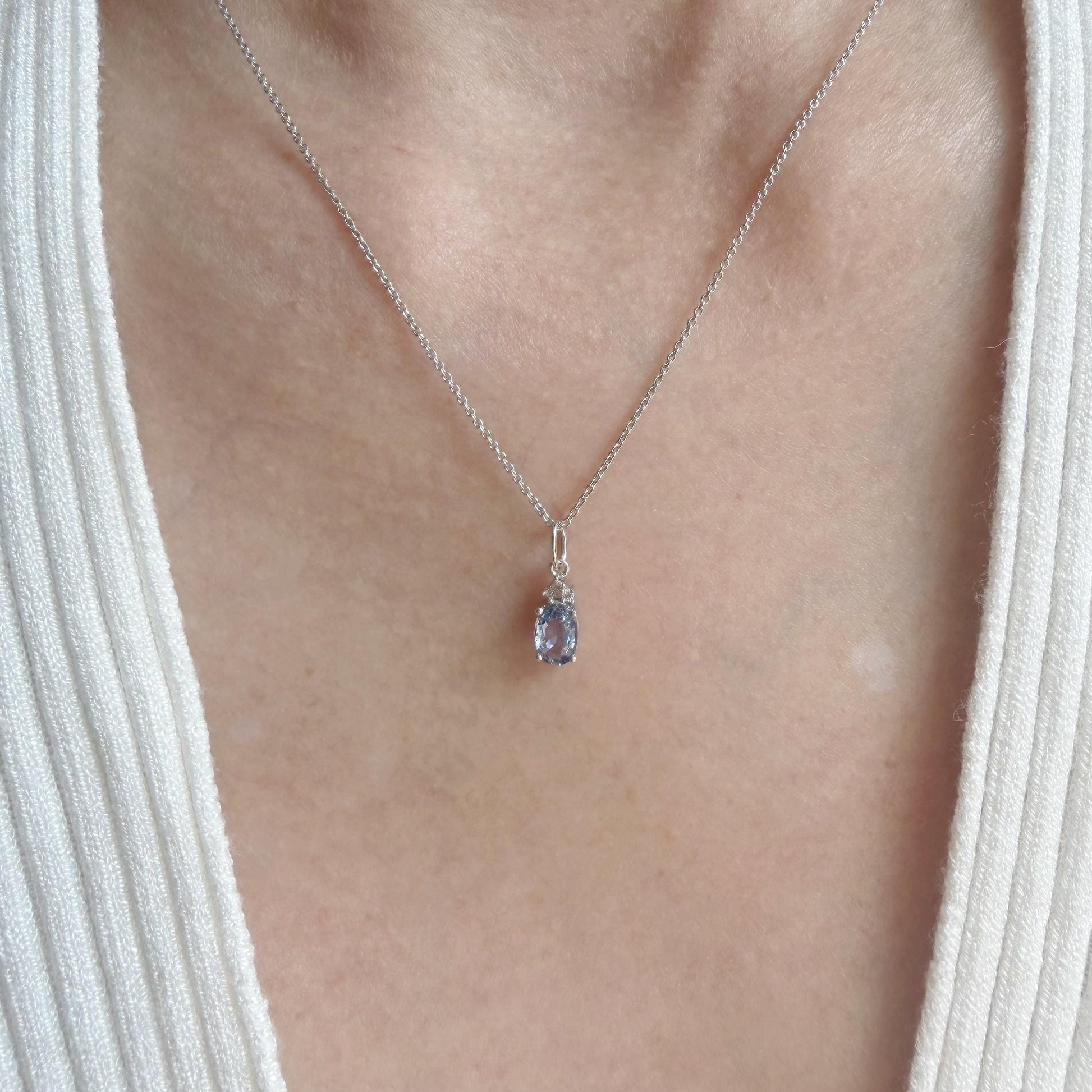 14K Solid White Gold Genuine Ceylon Sapphire Necklace | Oval Sapphire Diamond Pendant | September Birthstone Jewelry