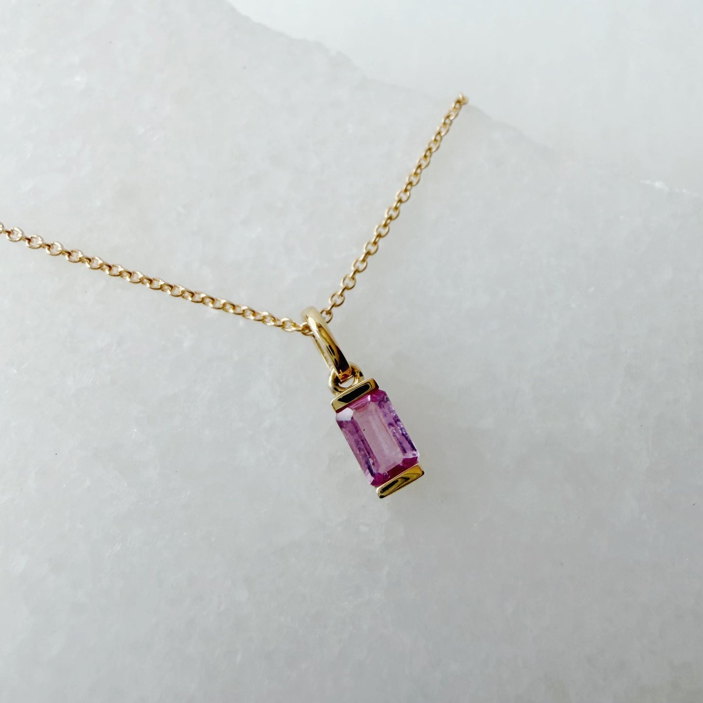 14K Solid Gold Genuine Pink Sapphire Baguette Necklace