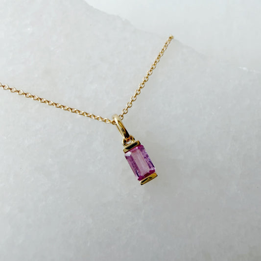 14K Solid Gold Genuine Pink Sapphire Baguette Necklace