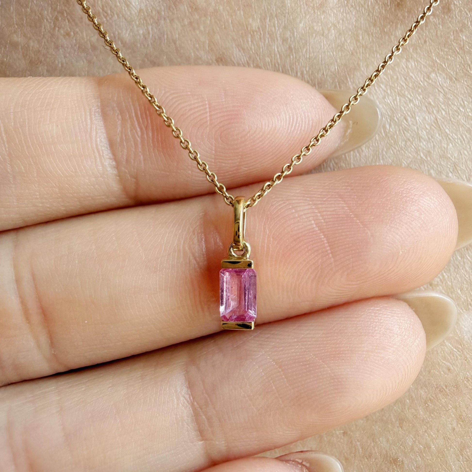 14K Solid Gold Genuine Pink Sapphire Baguette Necklace