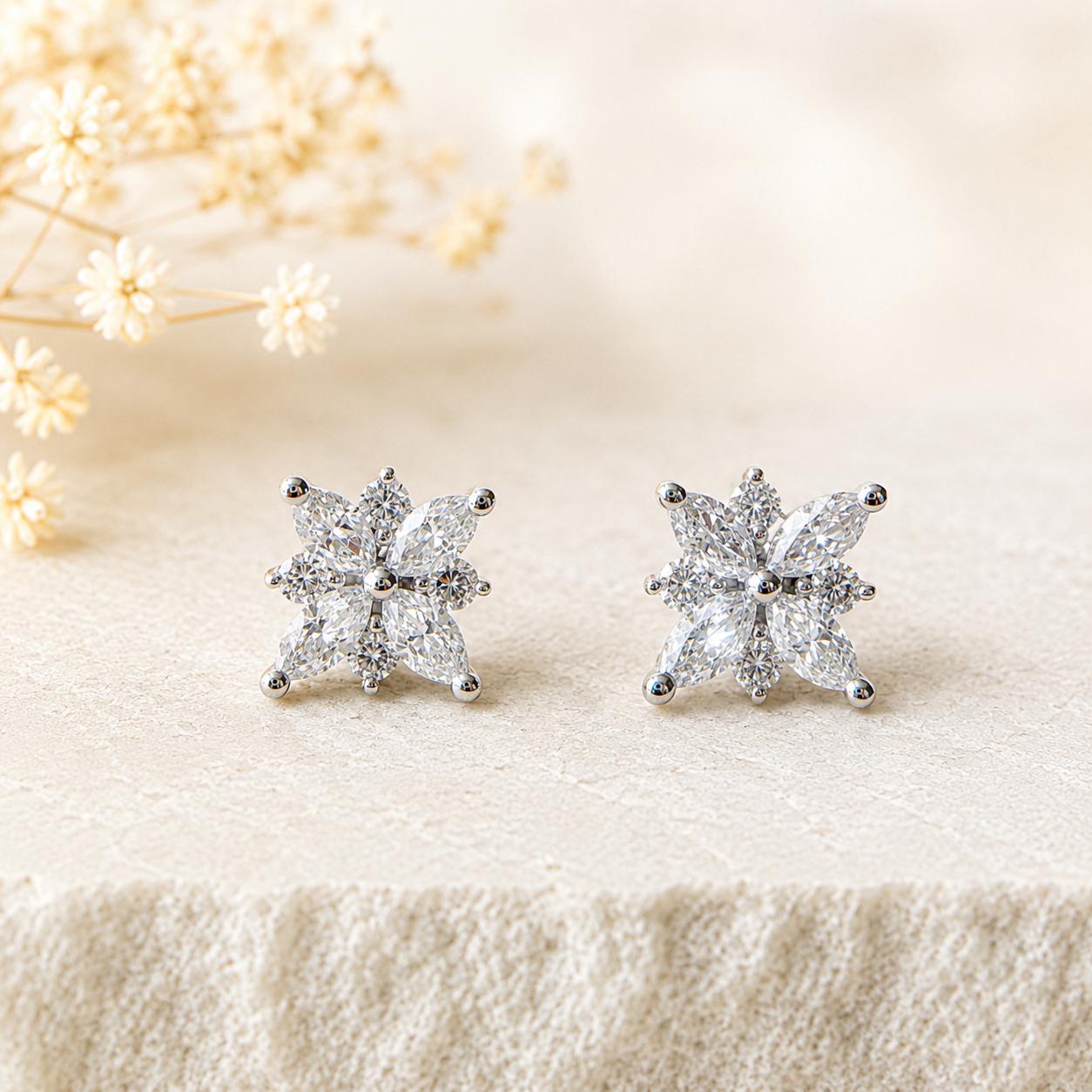 18K White Gold Natural Diamond Flower Stud Earrings | Marquise Cluster Diamond Studs | Floral Fine Jewelry Gift for Her