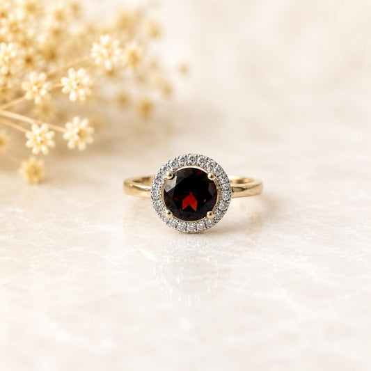 14K Solid Yellow Gold Natural Garnet Diamond Ring | Genuine Garnet Halo Ring | January Birthstone | Engagement Promise Ring Gift