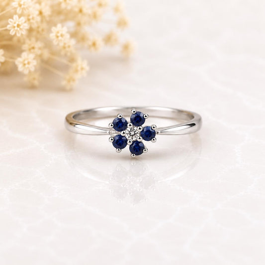 14K Solid Gold Natural Sapphire Flower Ring | Sapphire Floral Ring | Sapphire Promise Ring | Dainty Fine Jewelry Gift