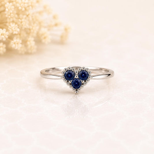 14K White Gold Natural Sapphire Heart Ring | Genuine Sapphire Ring | Dainty Promise Ring | September Birthstone Gift