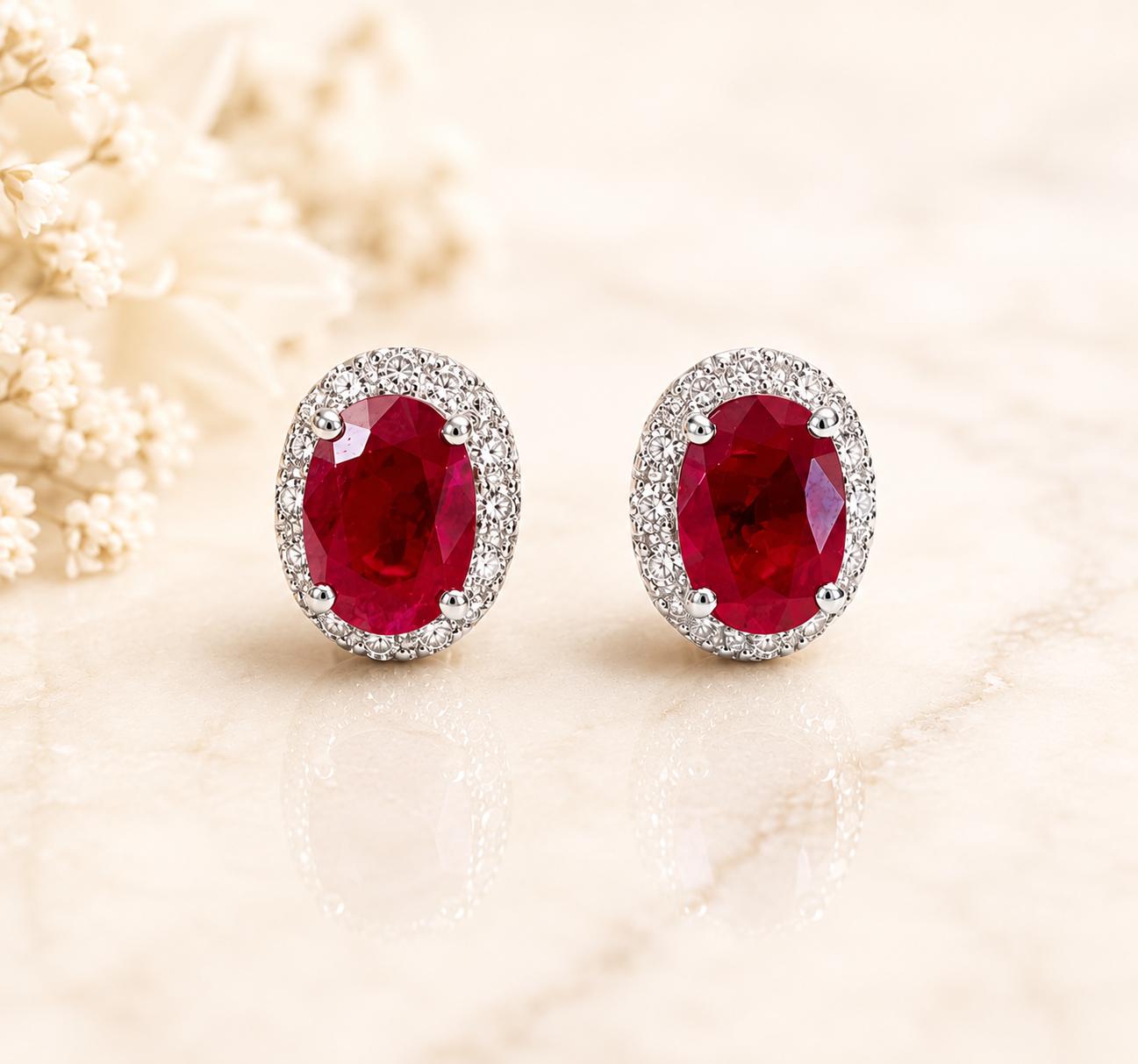 14K Solid White Gold 1.36 Carat Natural Ruby Diamond Halo Stud Earrings | Genuine Earth Mined Ruby | Fine Jewelry | July Birthstone Gift
