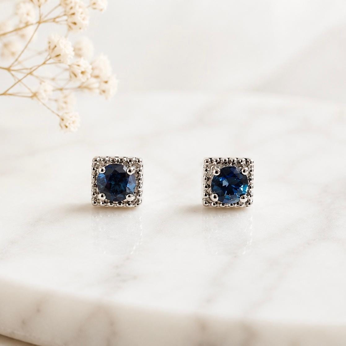 14K Solid Gold Natural Sapphire Stud Earrings | Genuine Sapphire Earrings | September Birthstone | 4mm Square Studs | Fine Jewelry Gift