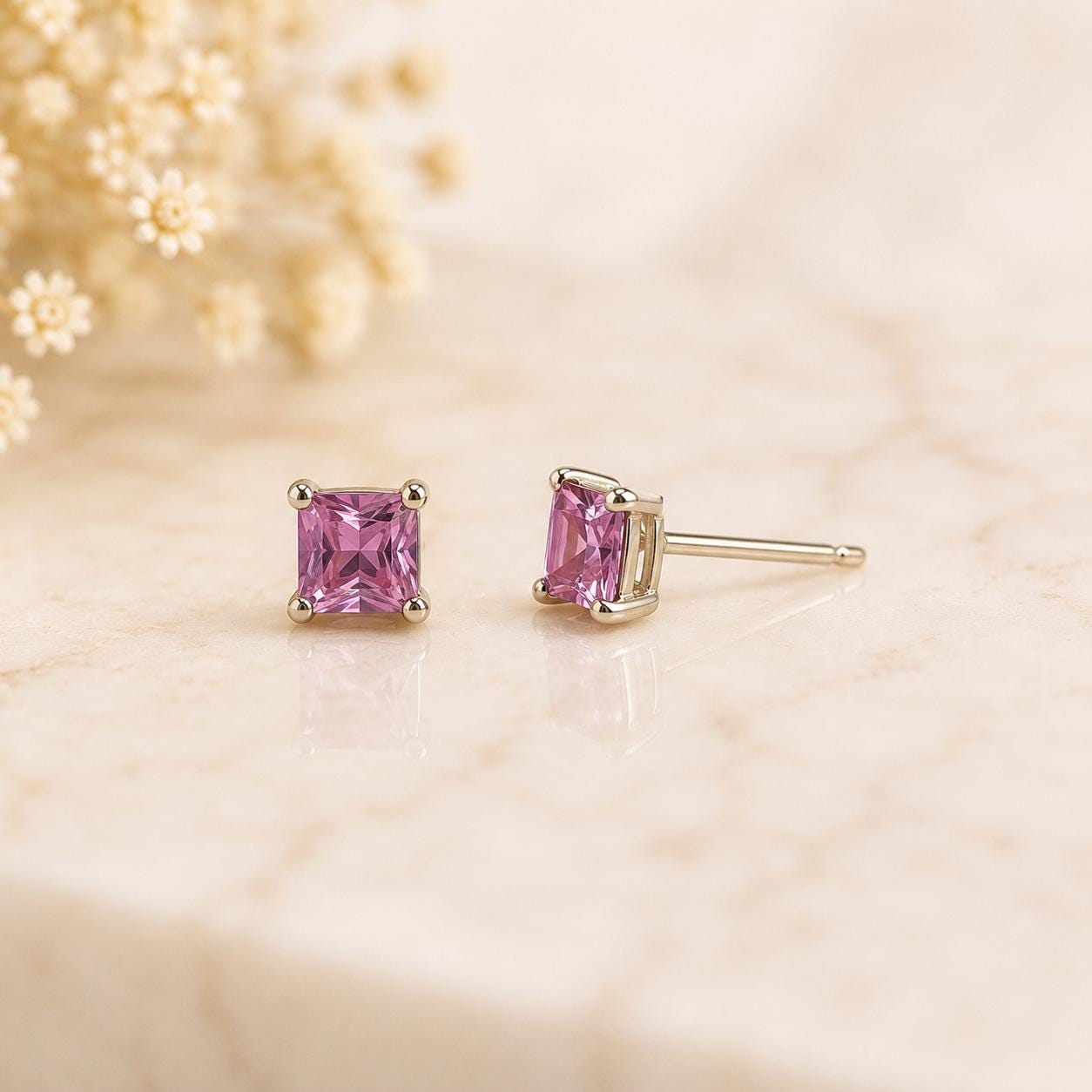 14K Solid Gold 0.71 Carat Pink Sapphire Stud Earrings | Genuine Pink Sapphire Earrings | Princess Cut Studs | September Birthstone