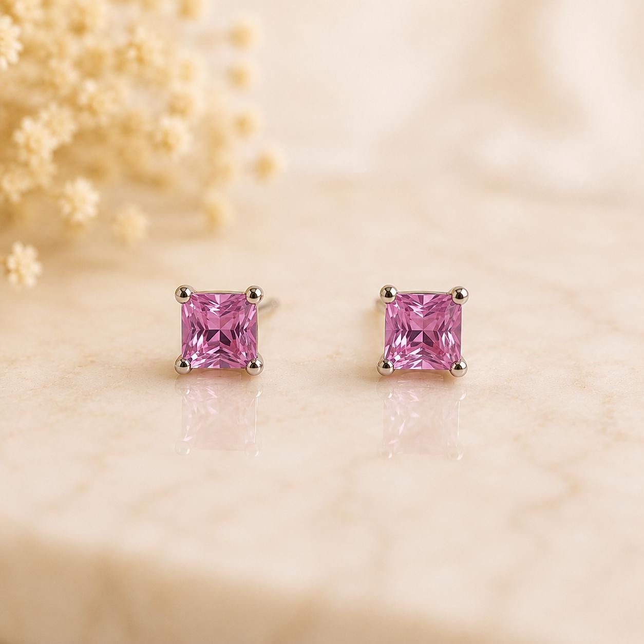 14K Solid Gold 0.71 Carat Pink Sapphire Stud Earrings | Genuine Pink Sapphire Earrings | Princess Cut Studs | September Birthstone