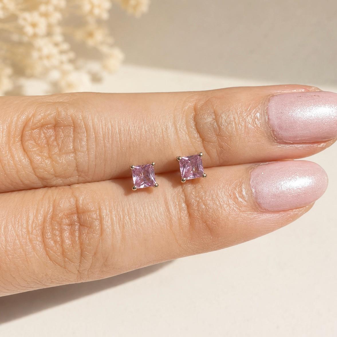 14K Solid Gold 0.71 Carat Pink Sapphire Stud Earrings | Genuine Pink Sapphire Earrings | Princess Cut Studs | September Birthstone