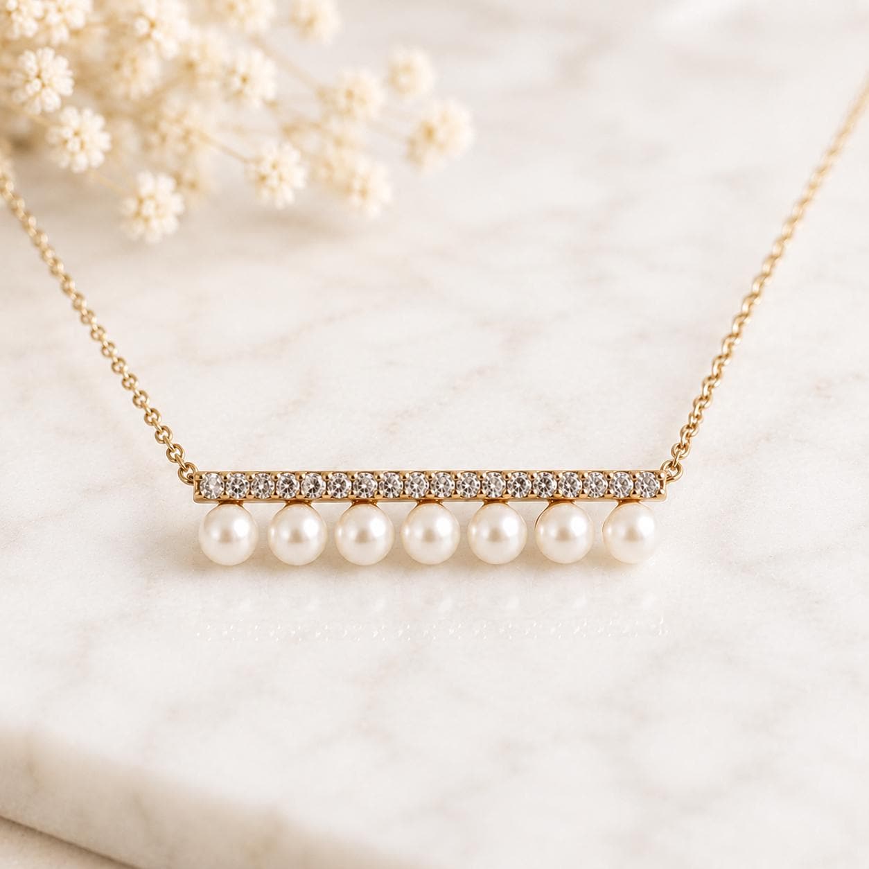 18K Rose Gold Akoya Pearl Necklace | Diamond Pearl Bar Necklace | Natural Diamond Jewelry | Gift for Her