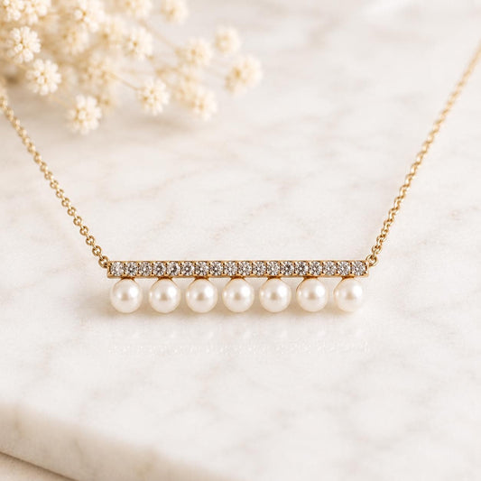18K Rose Gold Akoya Pearl Necklace | Diamond Pearl Bar Necklace | Natural Diamond Jewelry | Gift for Her