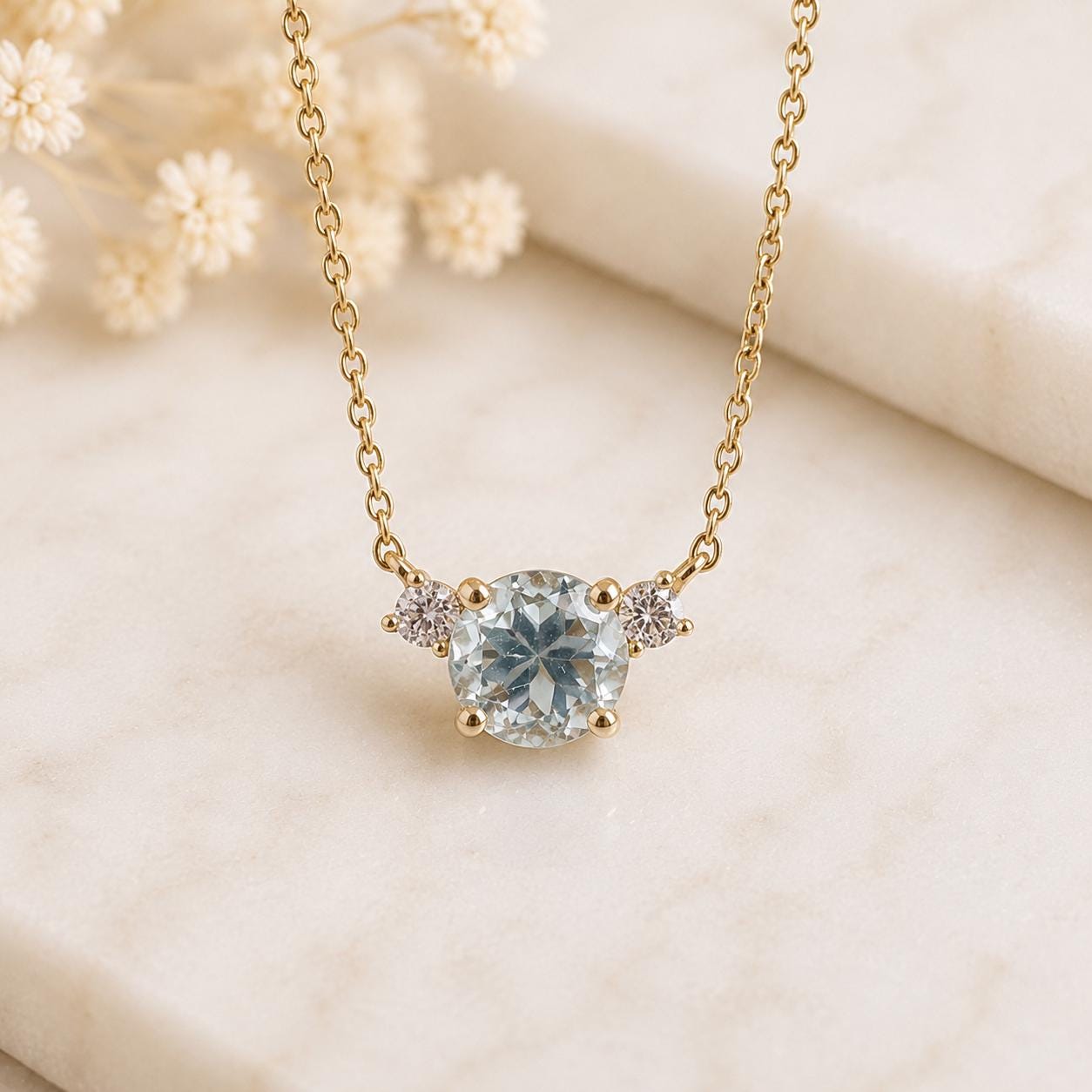 14K Solid Gold Genuine Aquamarine and Diamond Necklace