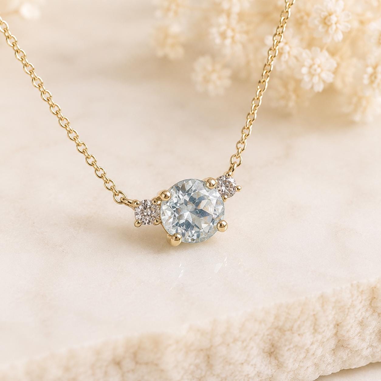 14K Solid Gold Genuine Aquamarine and Diamond Necklace