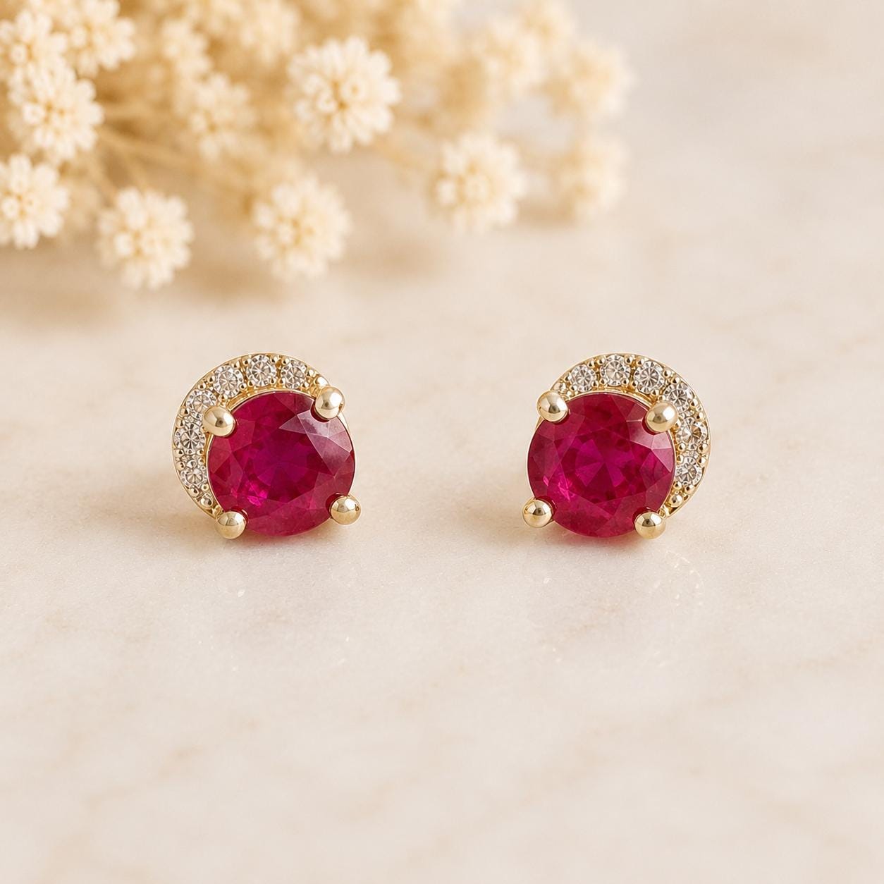 14K Solid Gold Genuine Ruby and Diamond Curve Studs/Pair