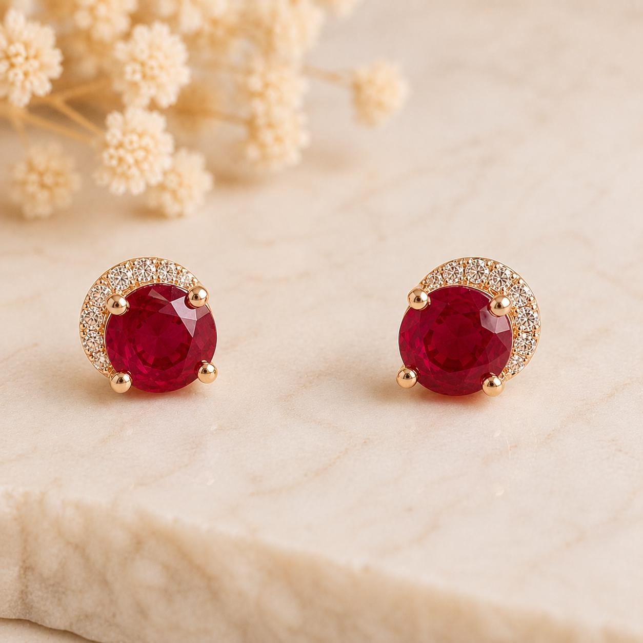14K Solid Gold Genuine Ruby and Diamond Curve Studs/Pair