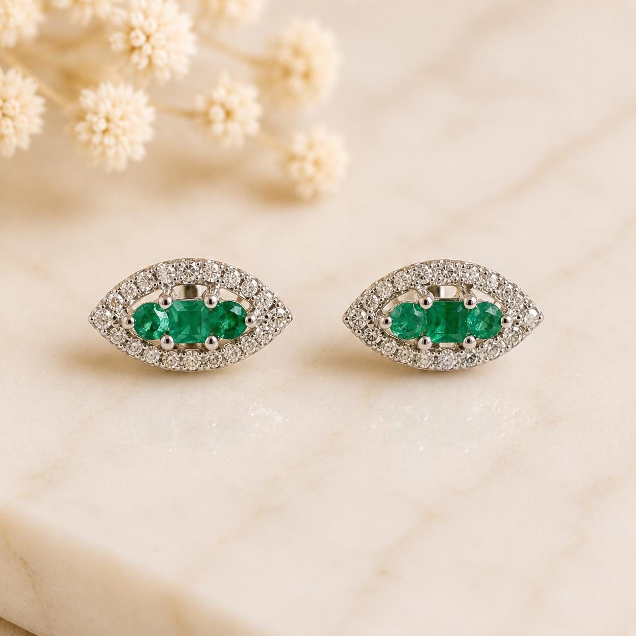 Emerald Diamond Stud Earrings 18K White Gold, Natural Emerald Studs, Marquise Halo Earrings, May Birthstone Gift