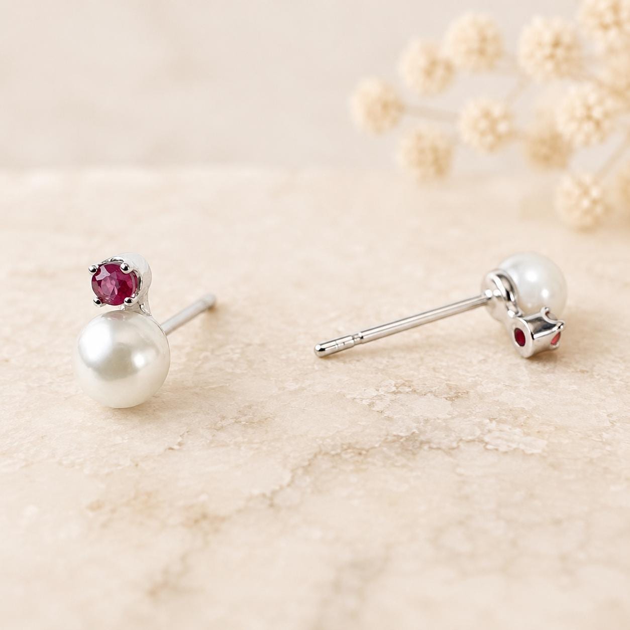14K Solid Gold Genuine Akoya Pearl and Ruby Studs/Pair