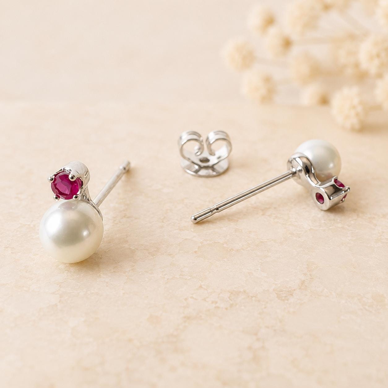 14K Solid Gold Genuine Akoya Pearl and Ruby Studs/Pair