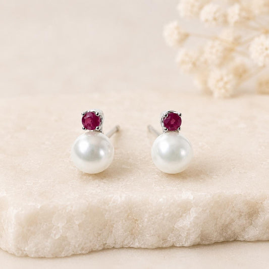 14K Solid Gold Genuine Akoya Pearl and Ruby Studs/Pair