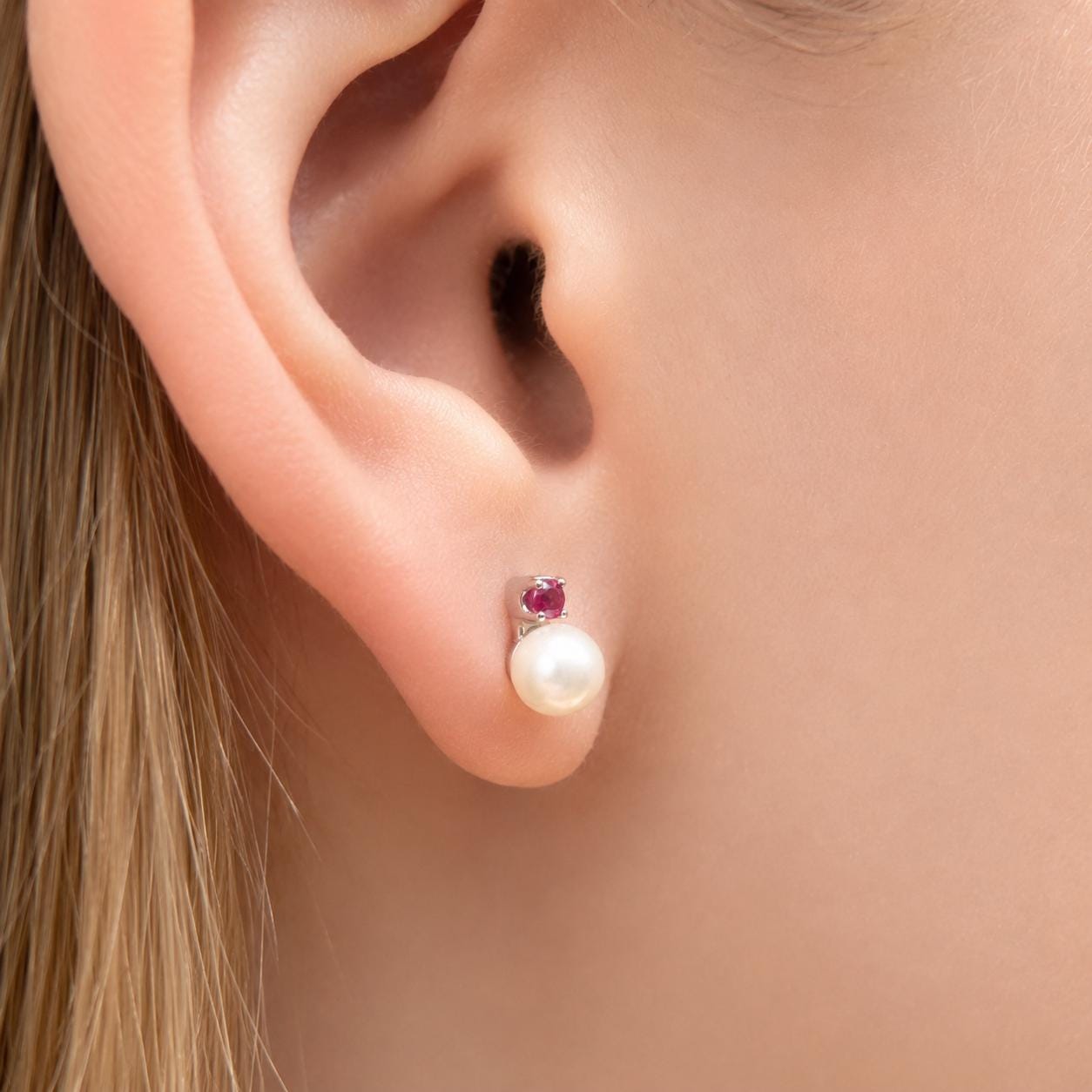 14K Solid Gold Genuine Akoya Pearl and Ruby Studs/Pair