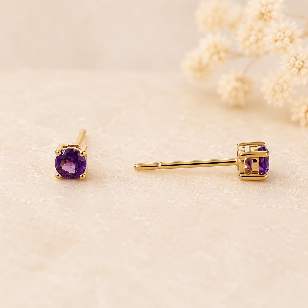 14K Solid Gold Genuine Amethyst 3mm Studs/Pair