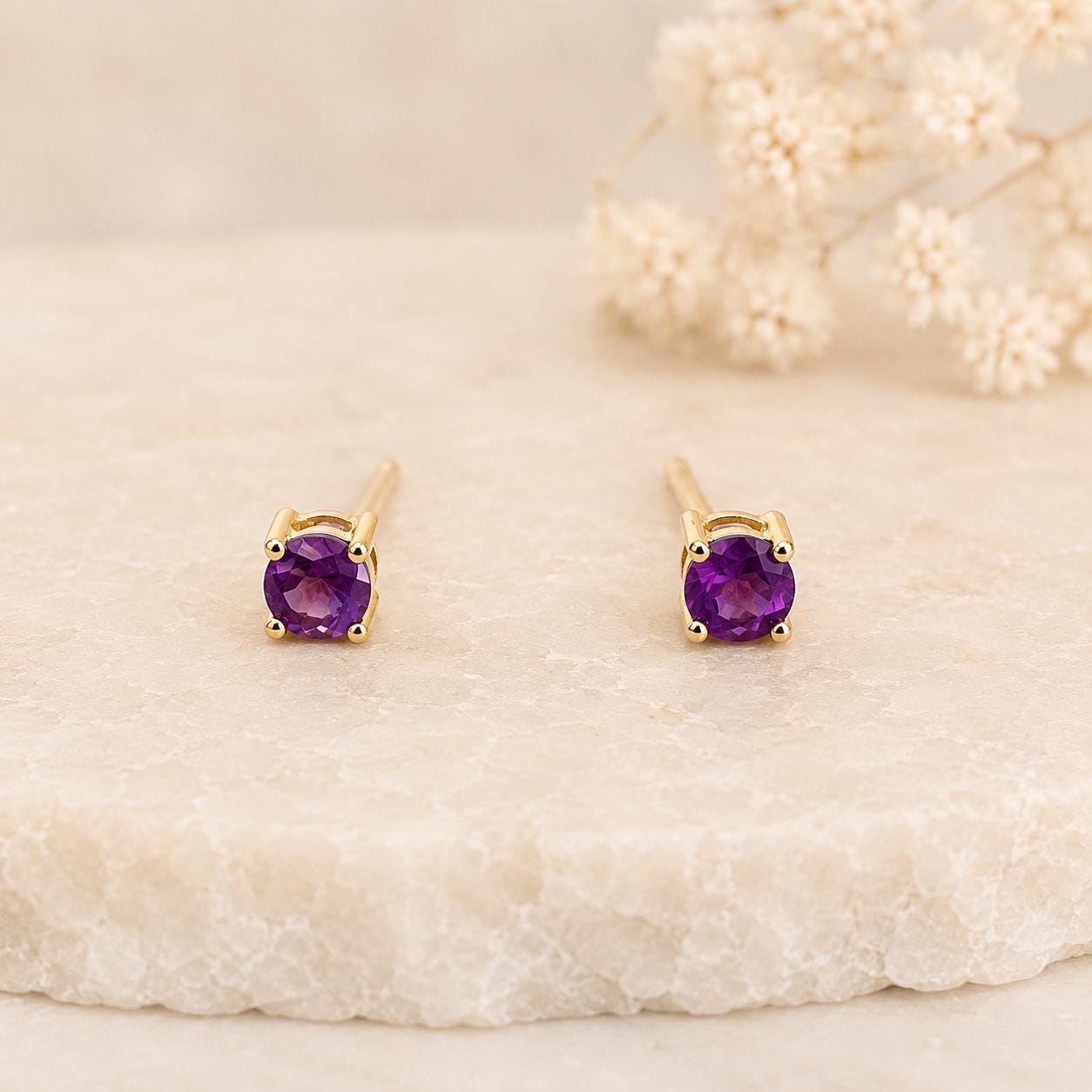 14K Solid Gold Genuine Amethyst 3mm Studs/Pair