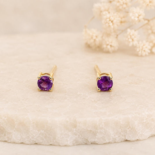14K Solid Gold Genuine Amethyst 3mm Studs/Pair