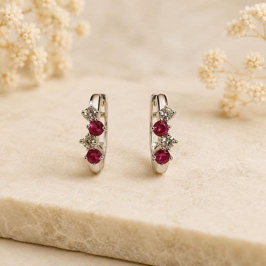 Ruby Diamond Huggie Hoops, 14K Solid Gold Genuine Ruby Earrings, White or Yellow Gold, July Birthstone Gift for Her