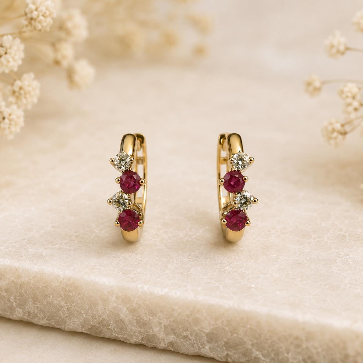 Ruby Diamond Huggie Hoops, 14K Solid Gold Genuine Ruby Earrings, White or Yellow Gold, July Birthstone Gift for Her