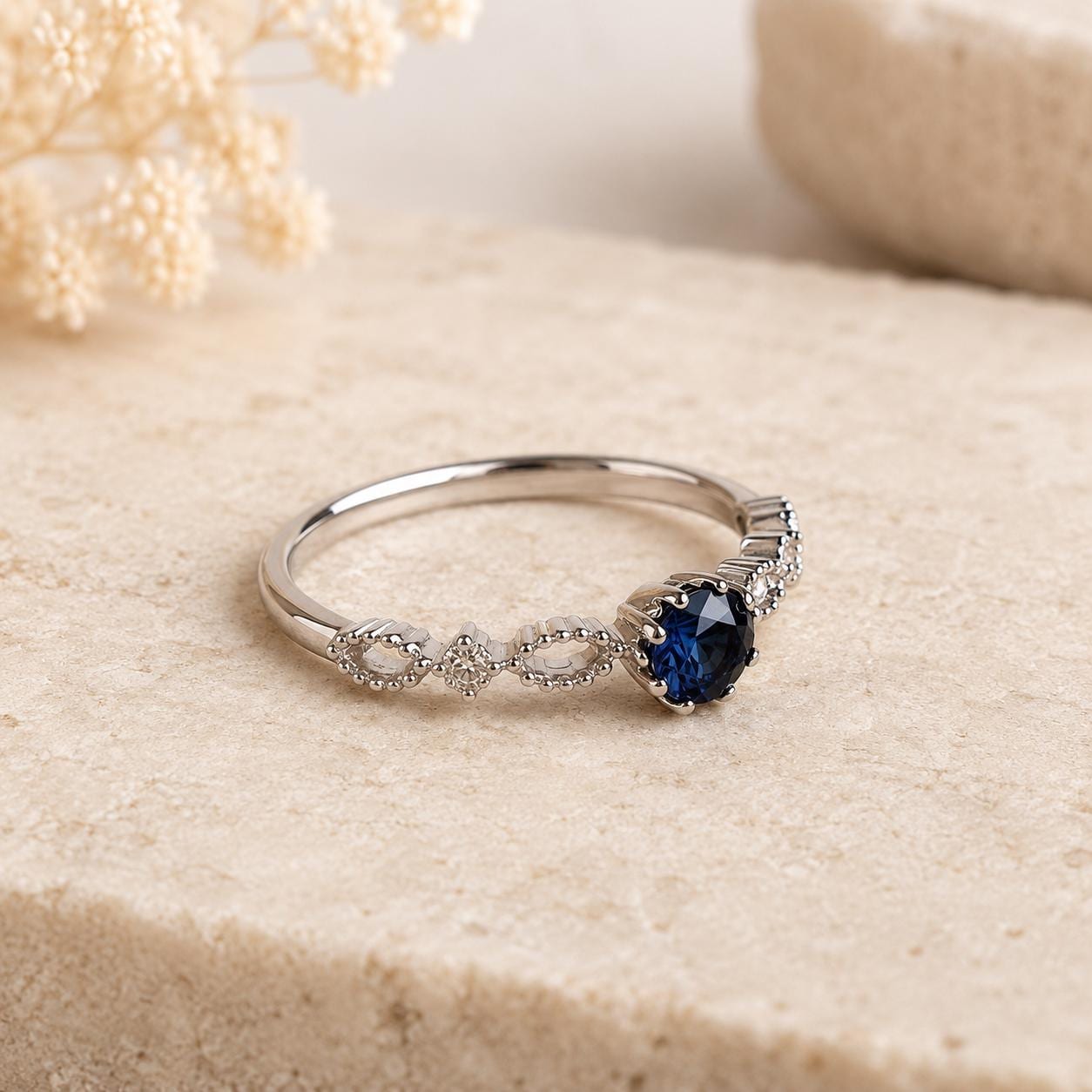Sapphire Diamond Ring, 18K Solid White Gold Beaded Ring, Genuine Blue Sapphire Engagement Ring, September Birthstone Gift