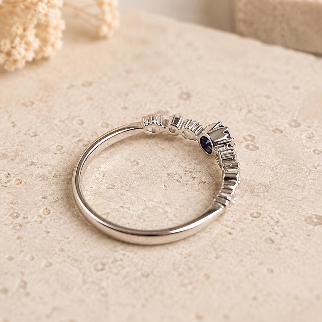 Sapphire Diamond Ring, 18K Solid White Gold Beaded Ring, Genuine Blue Sapphire Engagement Ring, September Birthstone Gift