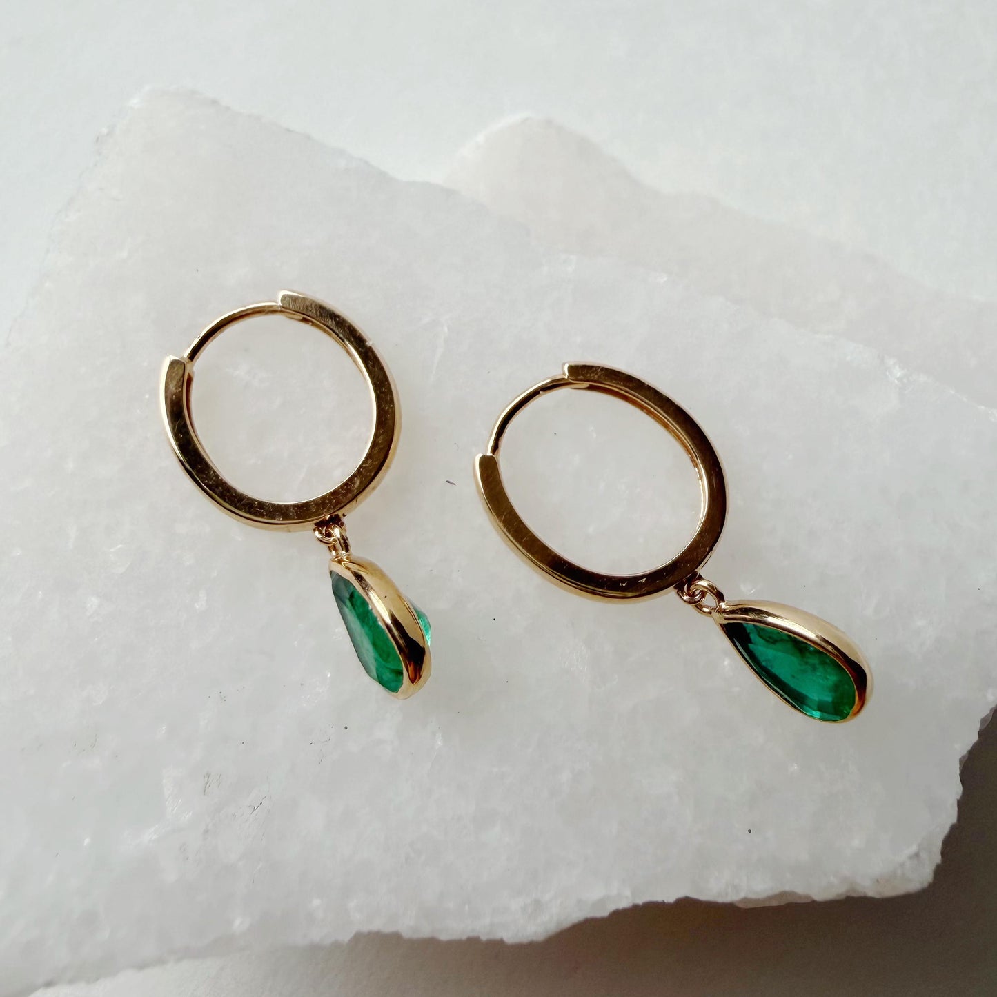 14K Solid Gold 1.28 Carat Zambian Teardrop Emerald Bezel Dangle Hoops