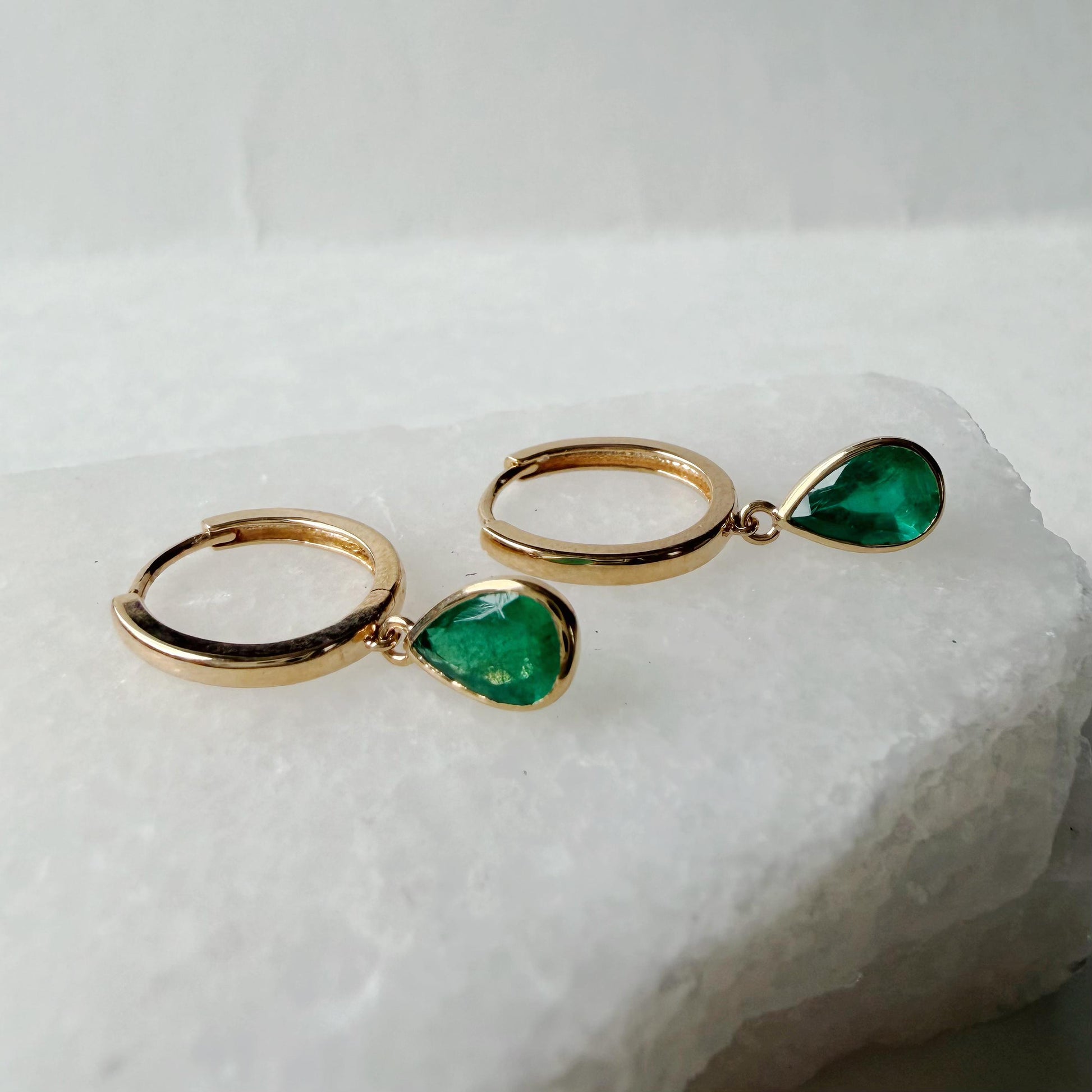 14K Solid Gold 1.28 Carat Zambian Teardrop Emerald Bezel Dangle Hoops