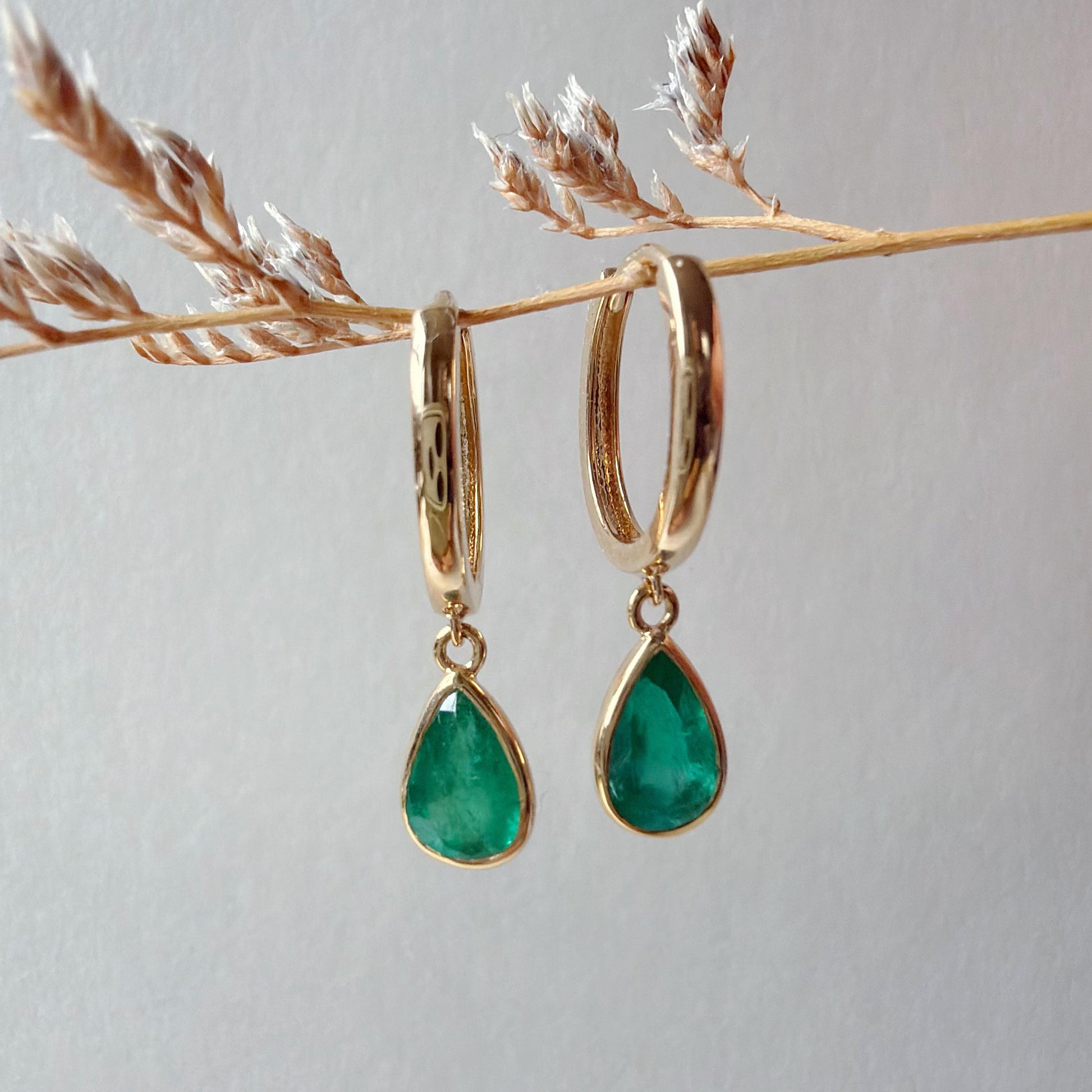 14K Solid Gold 1.28 Carat Zambian Teardrop Emerald Bezel Dangle Hoops