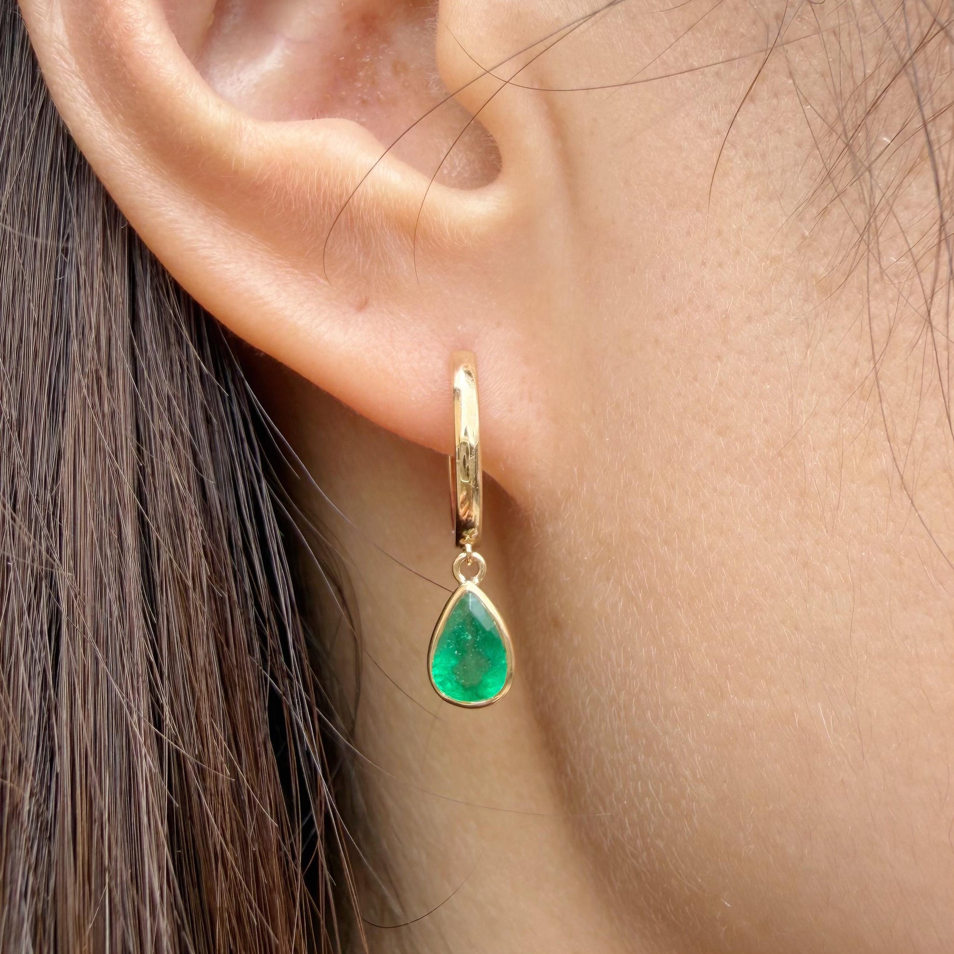 14K Solid Gold 1.28 Carat Zambian Teardrop Emerald Bezel Dangle Hoops