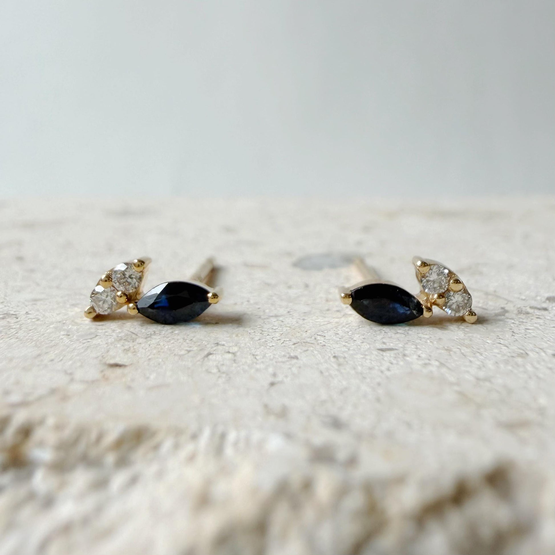 14K Solid Gold Natural Sapphire & Diamond Stud Earrings | Marquise Sapphire Earrings | September Birthstone Gift | Minimalist Fine Jewelry
