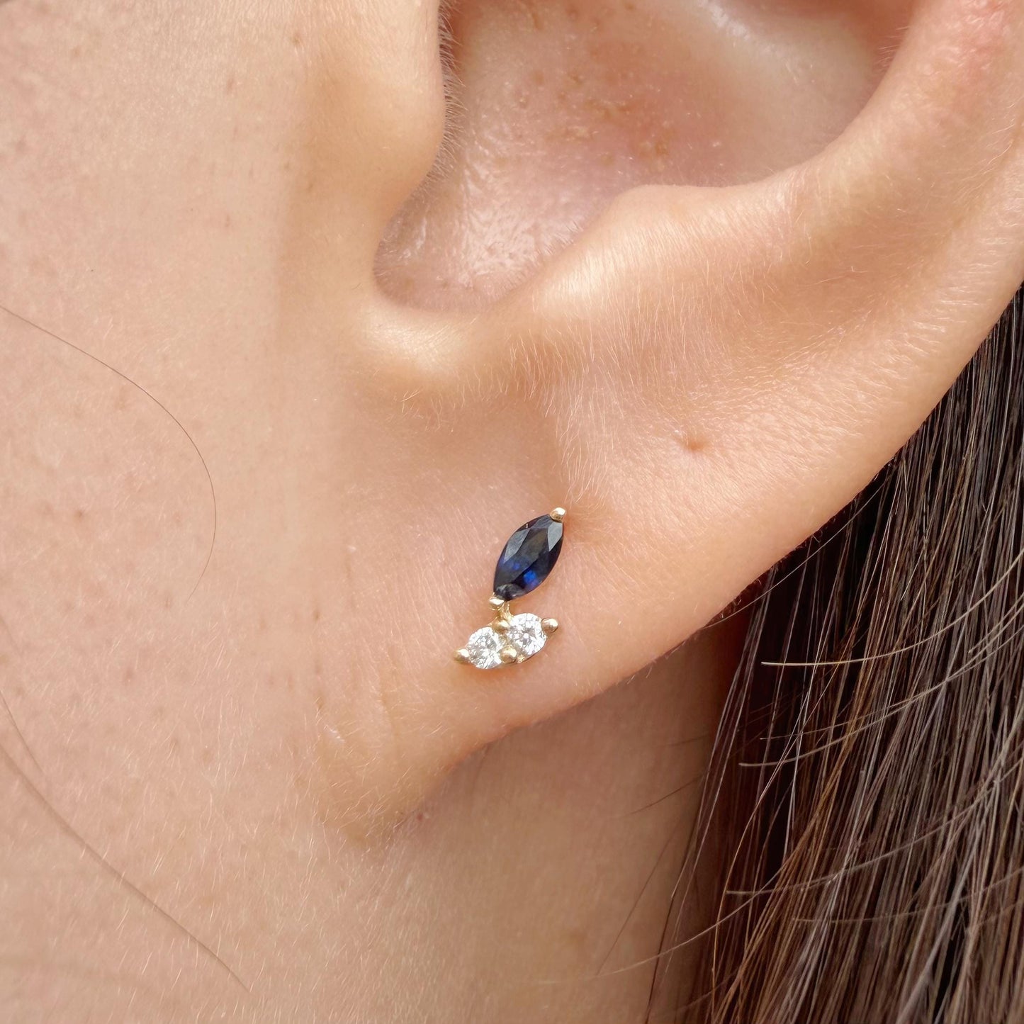 14K Solid Gold Natural Sapphire & Diamond Stud Earrings | Marquise Sapphire Earrings | September Birthstone Gift | Minimalist Fine Jewelry